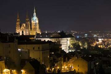 Fototapeta na wymiar Night winter Prague City with gothic Castle, Czech Republic