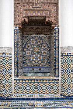 Morocco, Marrakech-Safi (Marrakesh-Tensift-El Haouz) region, Marrakesh. Intricately tiled washbasin at Marrakech Museum, housed in the 19th century Dar Menebhi Palace.