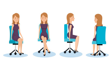 businesswomen posing on office chair vector illustration design