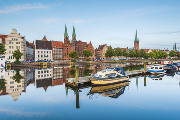 LÃ¼beck, Baltic coast, Schleswig-Holstein, Germany. Old town's houses reflecting in the Trave river.