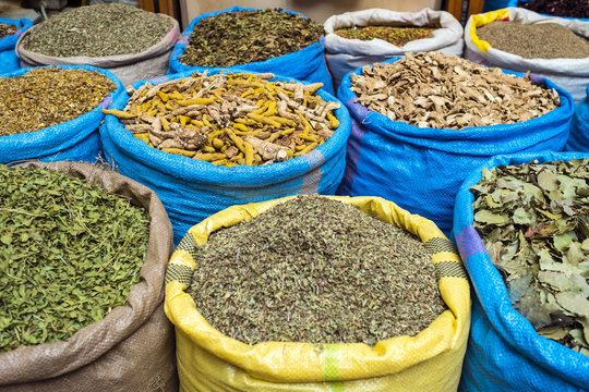 Morocco, Marrakech-Safi (Marrakesh-Tensift-El Haouz) region, Marrakesh. Dried herbs and spices for sale in the Mellah spice market.