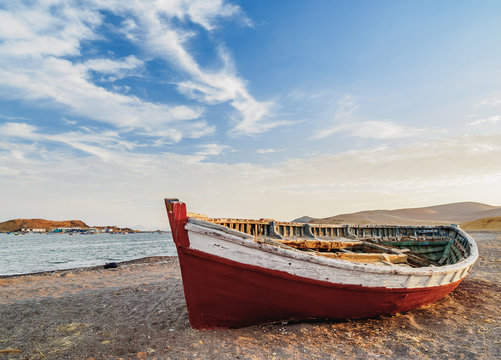 Fishing Boat near Lagunillas at sunset, Paracas National Reserve, Ica Region, Peru