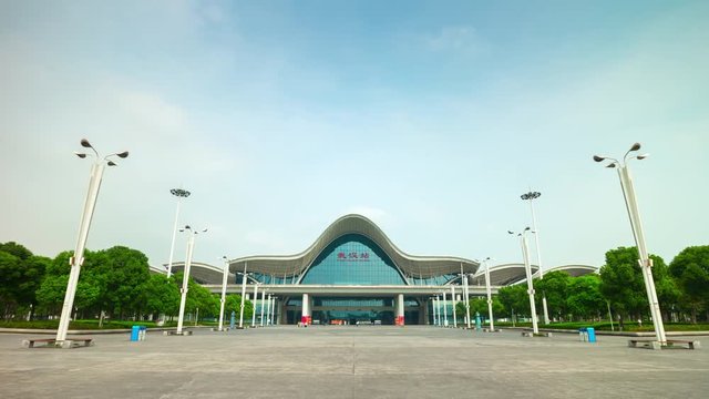 sunny day wuhan city main railway station front square panorama 4k timelapse china
