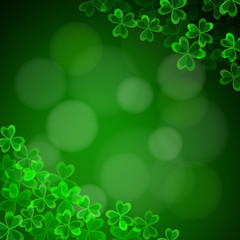 Happy Saint Patricks day abstract green Irish background with sbokeh lights and glowing shamrocks. Party decoration. Modern vector illustration, web banner.