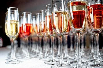 A row of glasses filled with champagne are lined up ready to be served