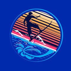 Surfer rides on a wave. Typography for t-shirt print, vector illustration.