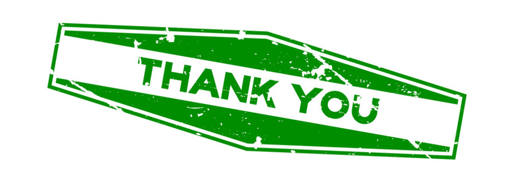 Grunge green thank you wording hexagon rubber seal stamp on white background