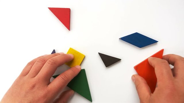man playing wooden tangram and shaping it like a bird standing with long tail on white