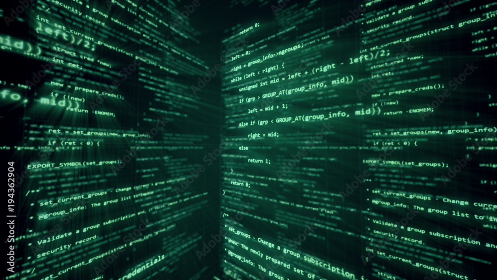 Poster virtual space with running code in the form of cubes 3d illustration