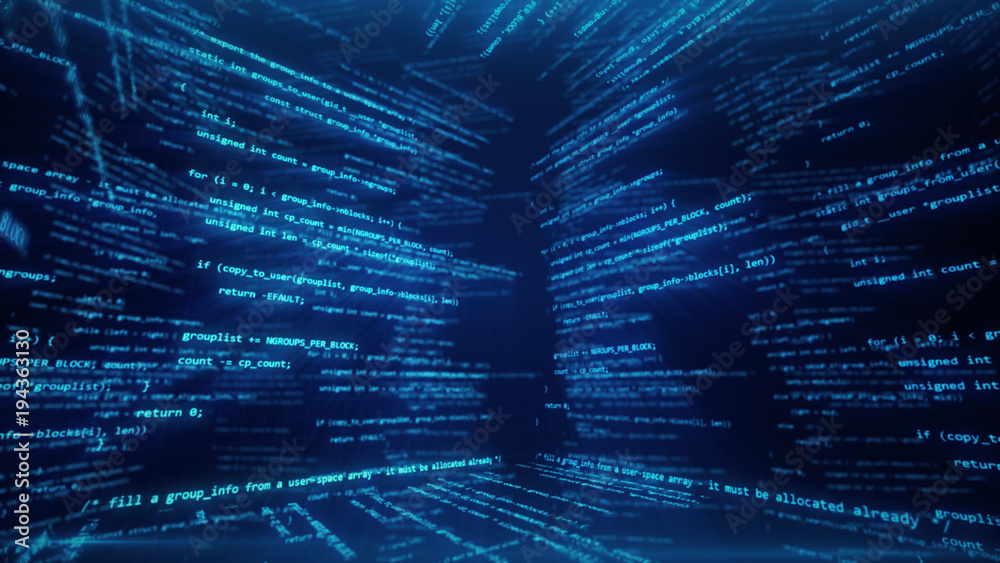Poster virtual space with running code in the form of cubes 3d illustration