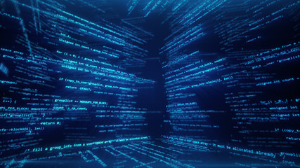 Virtual space with running code in the form of cubes 3d illustration