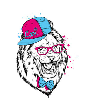 Hipster. Poster . Print . Greeting card with animals. Lion in cap and glasses.
