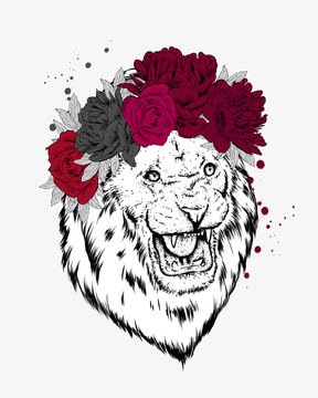 Lion wearing a crown of flowers. Vector illustration.
