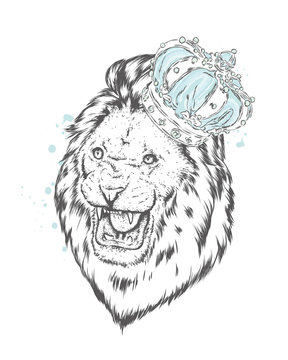 Funny lion wearing a crown. Vector illustration. Print for cards, posters or clothes.
