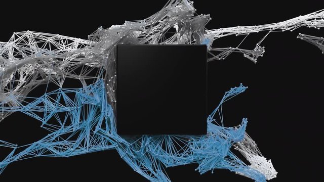 Futuristic particle mesh envelops a blank placeholder for a square logo.