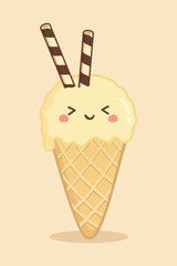 Cute Ice Cream Cone Vanilla with Chocolate Twist Wafer Cartoon Character vector illustration 