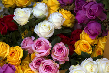 Fototapeta na wymiar image of a plastic flowers , Artificial flowers , flowers in pots , Artificial colorful flowers pots, flowers shop