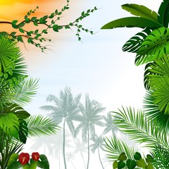 Naklejka premium Tropical landscape with palm trees and leaves
