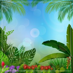 Fototapeta na wymiar Tropical jungle background with palm trees and leaves