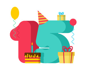 15 year Birthday sign. 15th Template greeting card anniversary celebration. Fifteen number and festive piece of cake with candle. Balloon and Gift box.