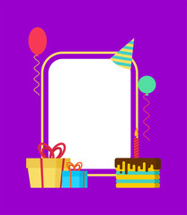 Birthday card. Template of anniversary. Place for text. Holiday accessories. Balloon and cake. Gift box.