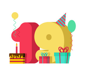 19 year Birthday sign. 19th Template greeting card anniversary celebration. nineteen number and festive piece of cake with candle. Balloon and Gift box.