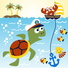 Fototapeta premium Marine life cartoon with, turtle, crab, fishes, squid