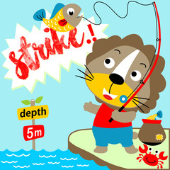 Fishing time with lion cartoon