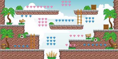 Tile set platform for game, A set of layered vector game asset, contains background,  ground tiles and several items, objects, decorations, used for creating mobile games