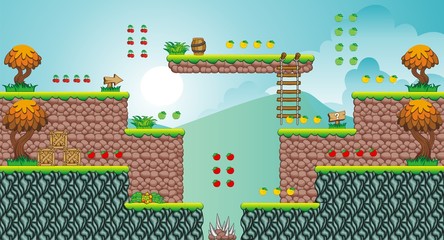 Tile set platform for game, A set of layered vector game asset, contains background,  ground tiles and several items, objects, decorations, used for creating mobile games