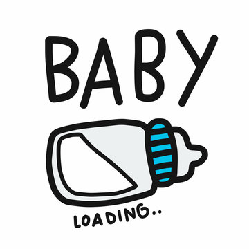 Baby loading word and milk bottle cartoon vector illustration