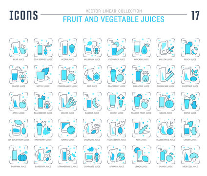 Set Blue Line Icons of Fruit and Vegetable Juices.