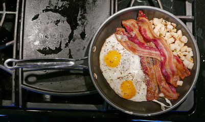 Amerikanisches Frühstück mit zwei Spiegeleiern, Schinkenspeck und Bratkartoffeln in Bratpfanne