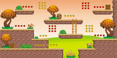 Tile set Platform for Game - A set of layered vector game asset,  contains background, ground tiles and several items, objects, decorations, used for creating mobile games