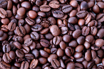 Coffee background, Coffee beans texture, Brown coffee caffeine beans background, texture, close-up