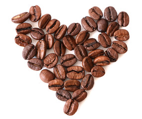 Coffee beans in shape of heart, heart from coffee beans isolated on a white background, 