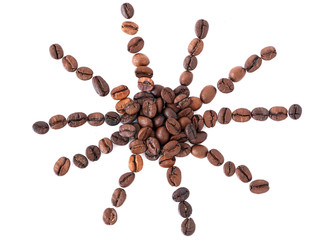 sun from coffee beans on white background, isolated, cheerful morning with coffee, wake up with coffee, cheerful breakfast