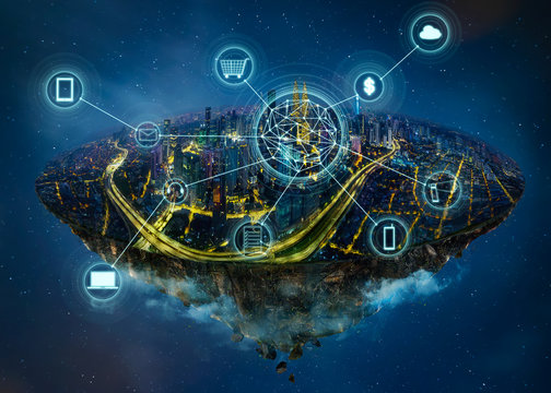 Fantasy island floating in the air with smart city and wireless communication network , Smart city and communication network concept .