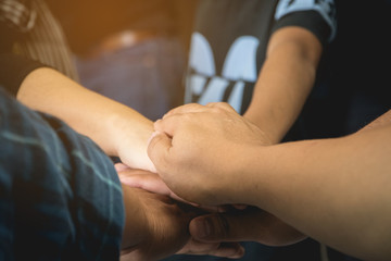 Obraz premium Business man meeting and hand stack togetner, close up, teamwork success