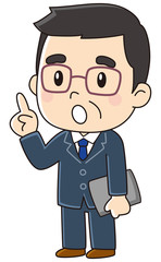 指差しするスーツの男性