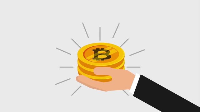 hand with stack growing bitcoin money virtual animation