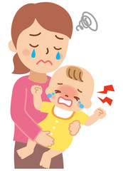 泣く赤ちゃんと困るお母さん