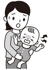 泣く赤ちゃんとお母さん　白黒