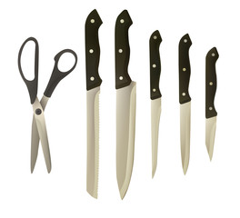 A set of knives and scissors with a black handle. To cut food. Vector illustration. Food preparation.