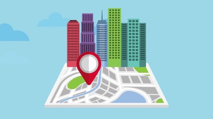 pointer map gps navigation building city clouds animation