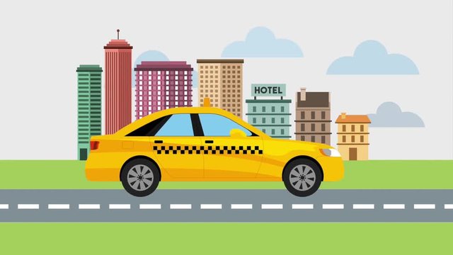 taxi cab on street city landscape animation