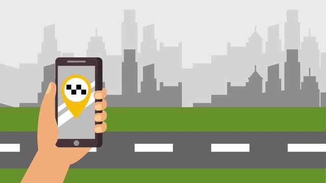 hand holding mobile taxi app car urban landscape