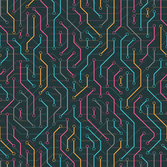 Technology seamless pattern from colored lines connections. Abstract information connectivity background. IT-development conception. Neural structure. Vector illustration