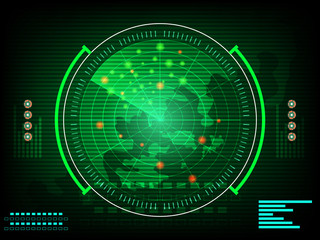 radar screen digital interface with world map  Concept future in computer network technology time data communication on green dark background.. vector illustration