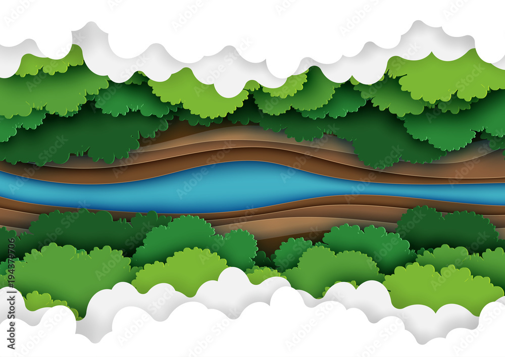 Aufkleber Top view of green forest canopy,river and clouds background.Nature and environment conservation creative idea concept of paper art style.Vector illustration.